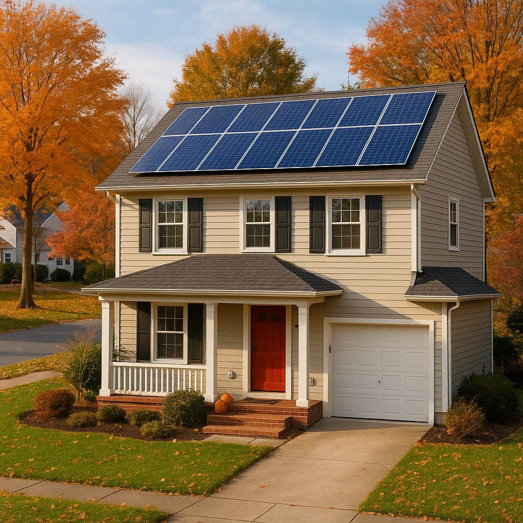 suburban home with solar panels in a nice neighborhood on an autumn day-1