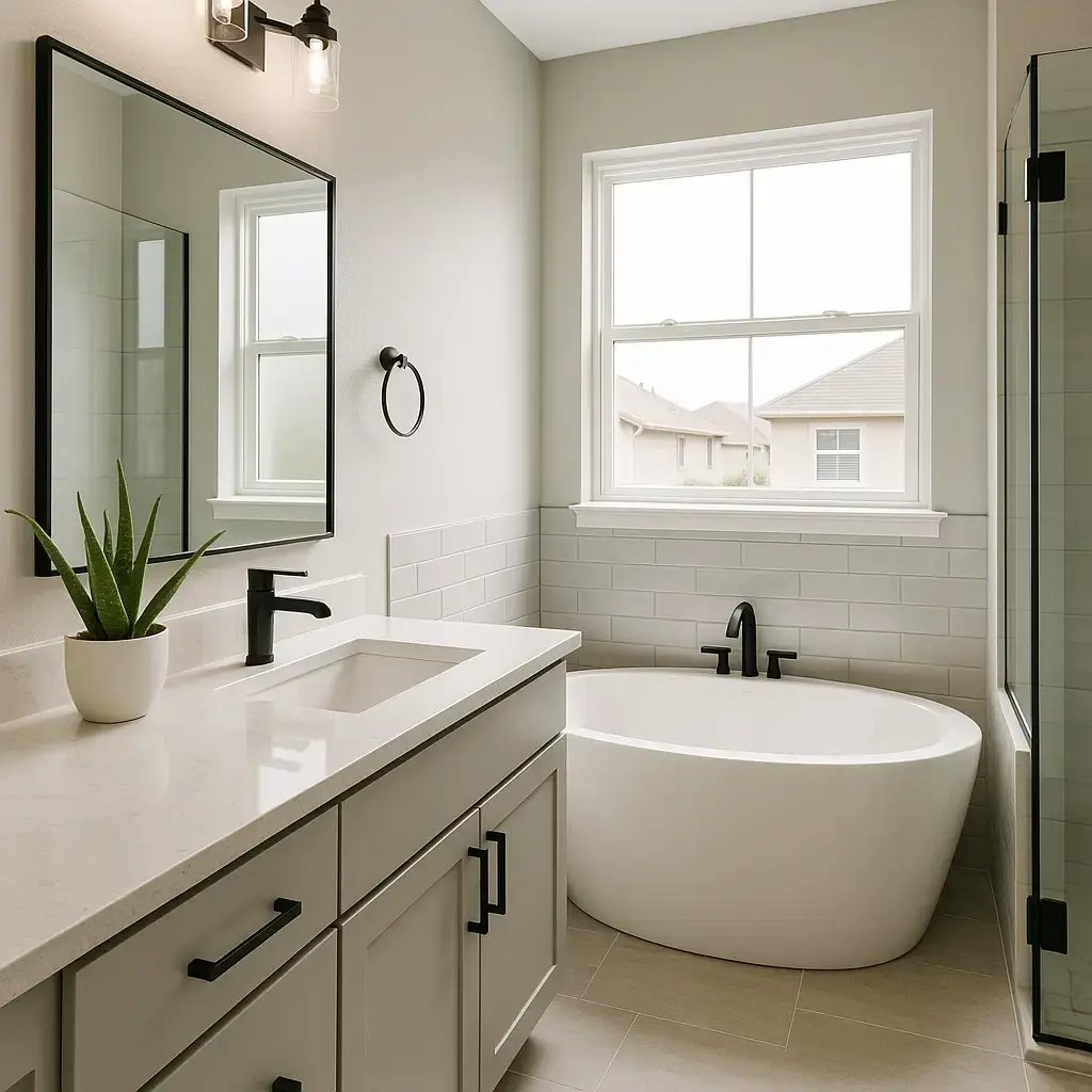 a photo of a newly remodeled modern bathroom with a garden tub and modern fixtures and an aloe vera plant on counter