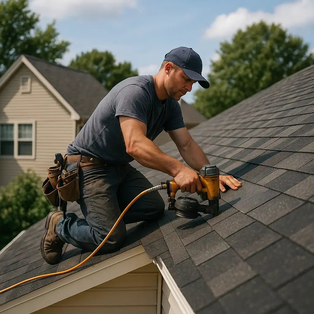 a roofer doing a job on top of a suburban home-1