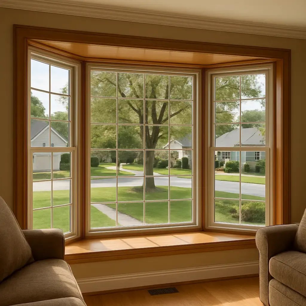 view from inside a suburban home looking out big bay windows in a large home